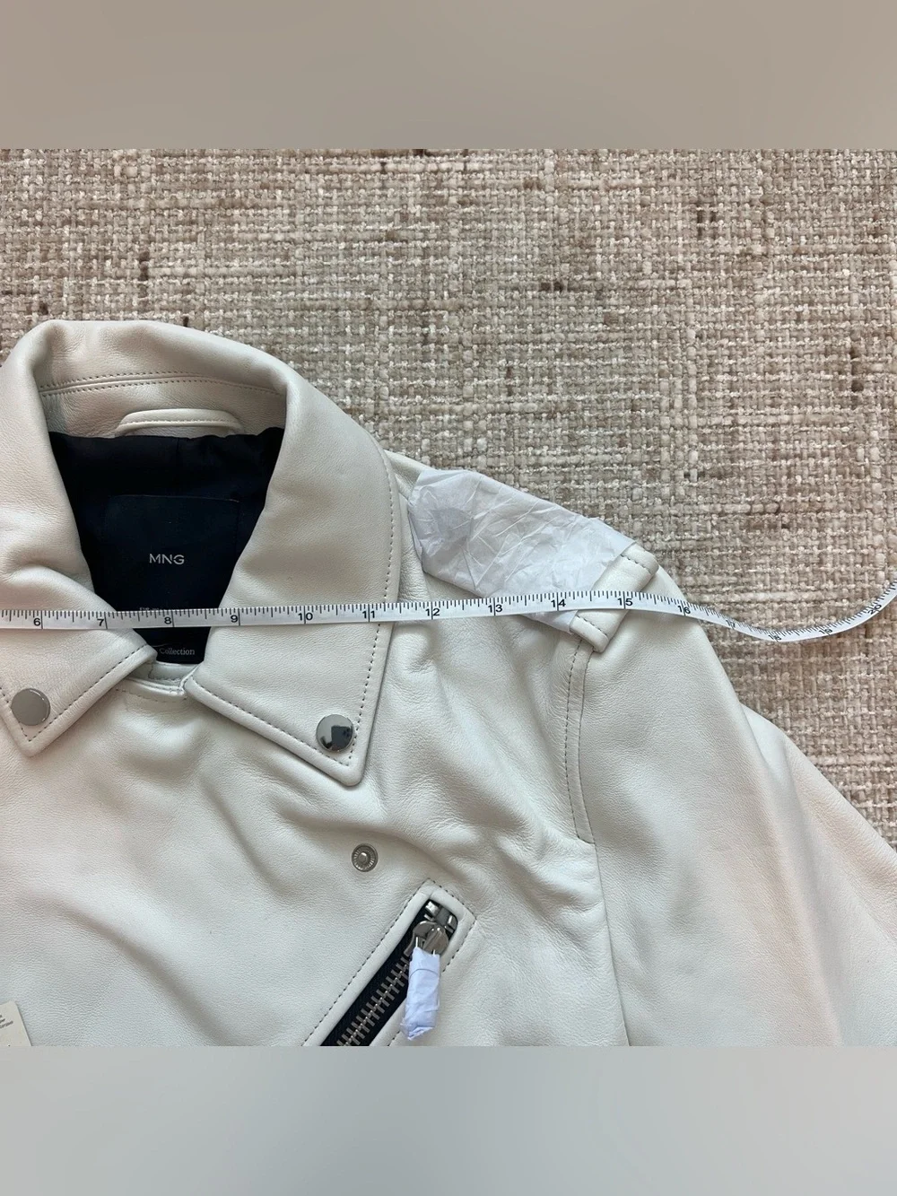 MANGO women White Sheep Leather Biker Jacket L